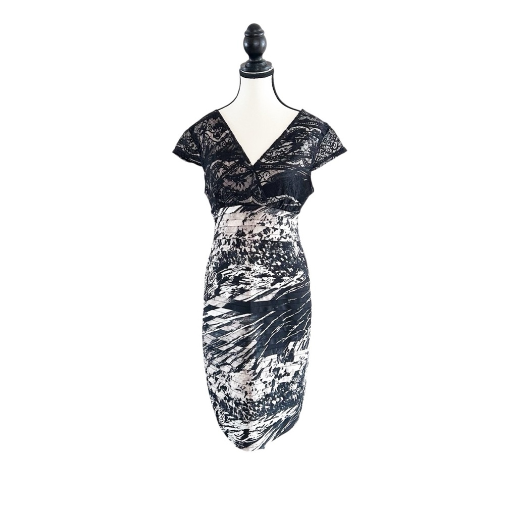 Teaberry Black and Tan Midi Dress Lace Bodice Stretch Cap Sleeve Size 10